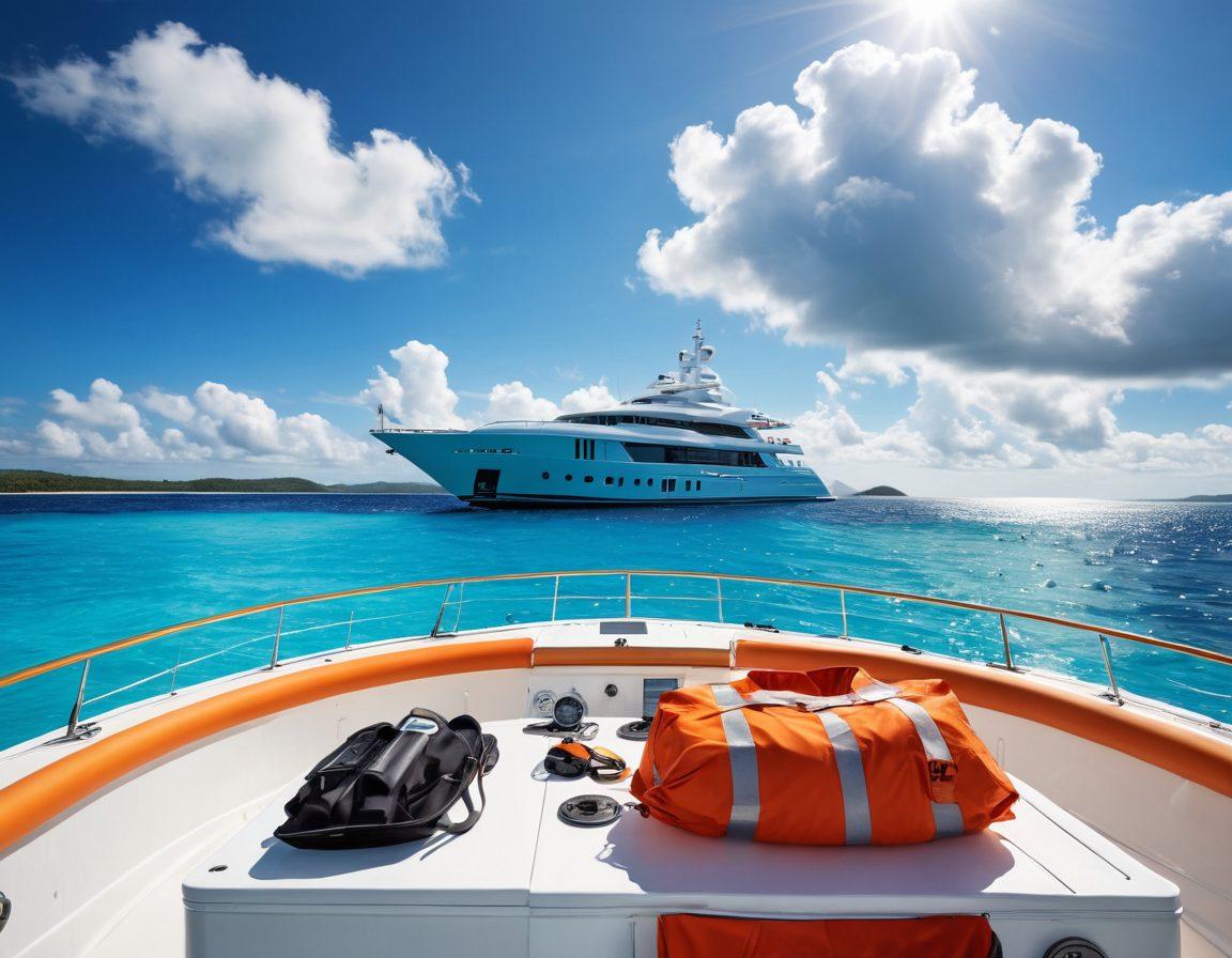 A luxurious yacht sailing on crystal-clear blue waters, surrounded by soft white clouds and a bright sun. The scene features a captain inspecting safety equipment, while life jackets and emergency flares are prominently displayed. In the background, a serene coastline hints at adventure, with a distant island visible. The overall ambiance conveys security and peace of mind, ideal for yacht owners. super-realistic. vibrant colors. oceanic theme.