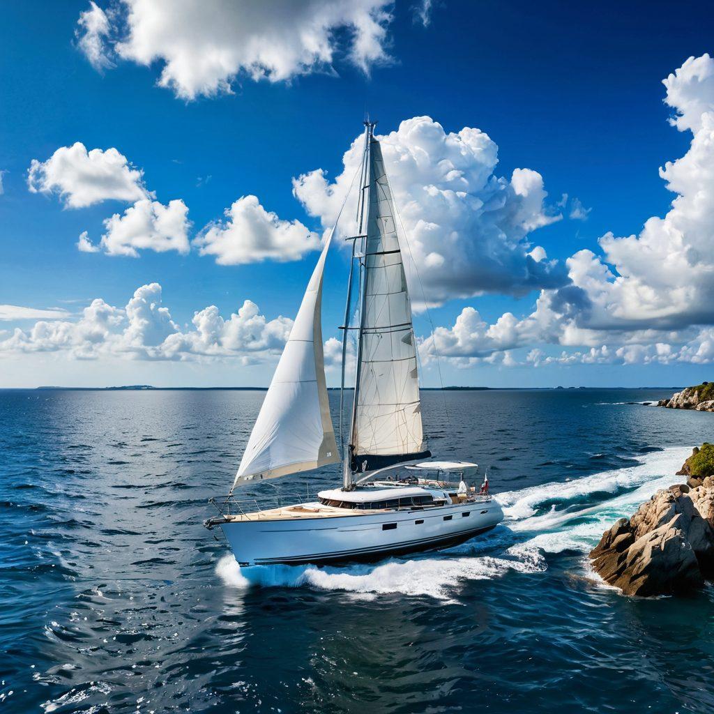 A serene ocean scene featuring a luxurious yacht sailing gracefully on calm waters, with a backdrop of blue skies and fluffy white clouds. Add subtle visuals of insurance documents floating nearby, symbolizing vital yacht insurance coverage. Incorporate a compass and nautical map in the foreground, emphasizing navigation and planning. The sail should be billowing in the wind, radiating a sense of adventure and security. super-realistic. vibrant colors.